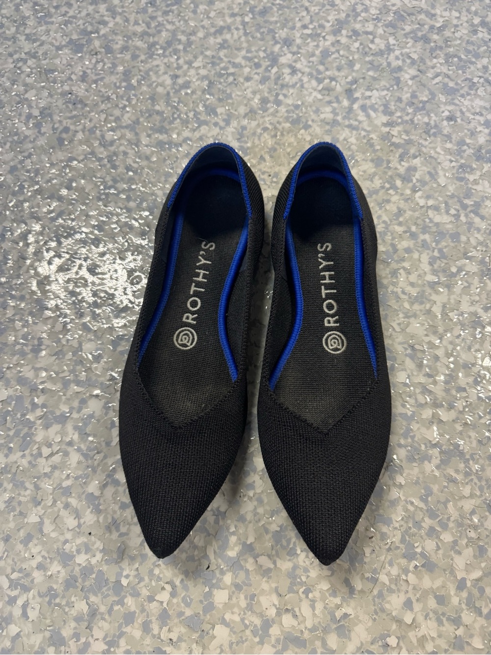 Rothy's Black Pointed Knit Flats with Blue Trim